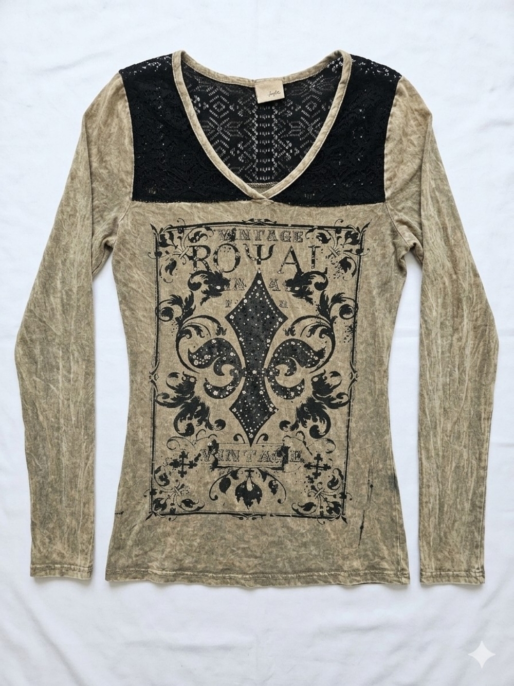 Daytrip Taupe Long Sleeve V-Neck Top with Black Lace Yoke